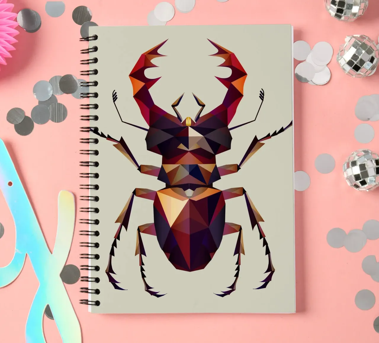 Impressive stag beetle in a modern geometric style spiral notebook by namosh