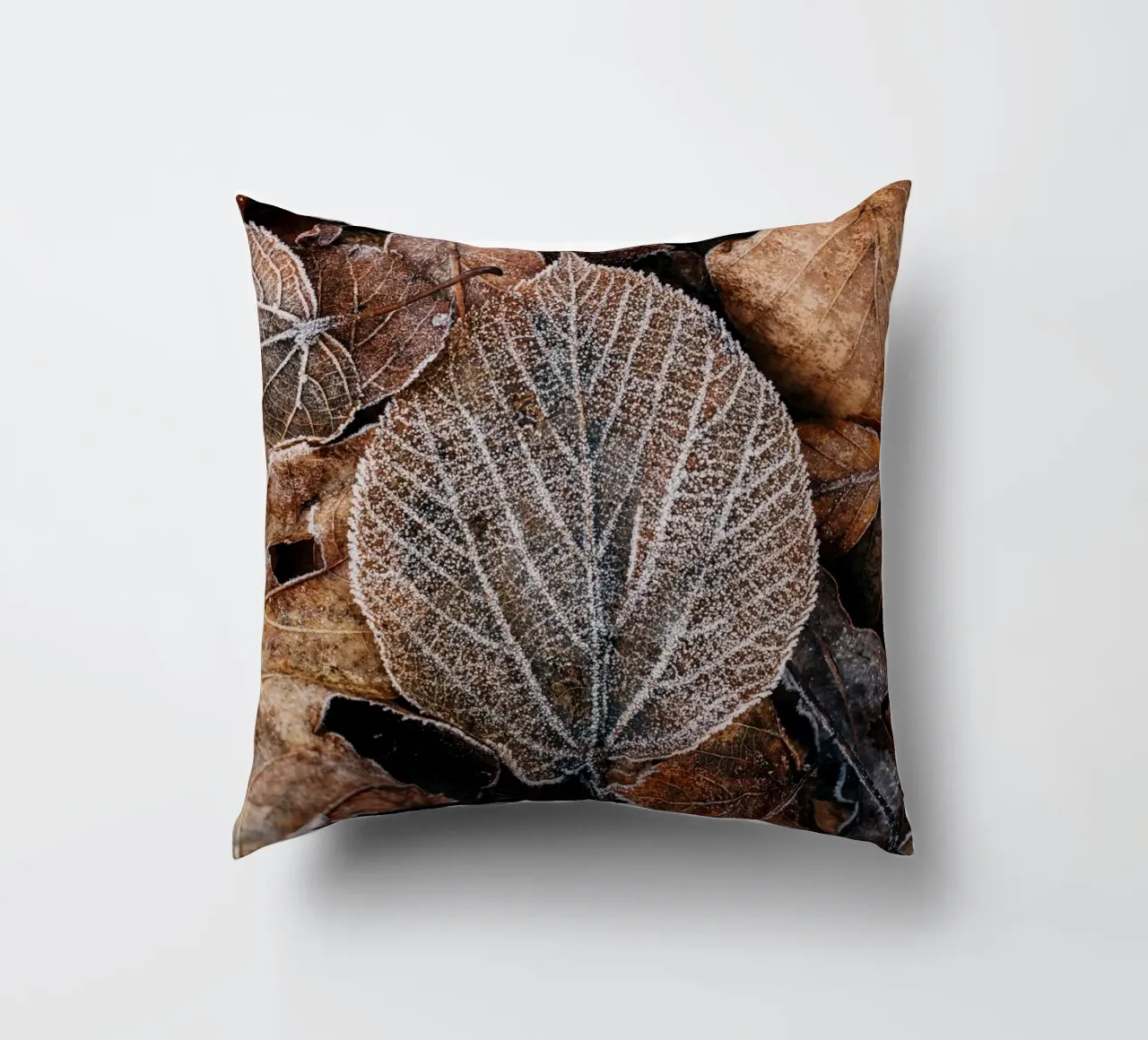 Autumn leaves with frosty texture, winter nature photography decorative cushion by Bold and Retro