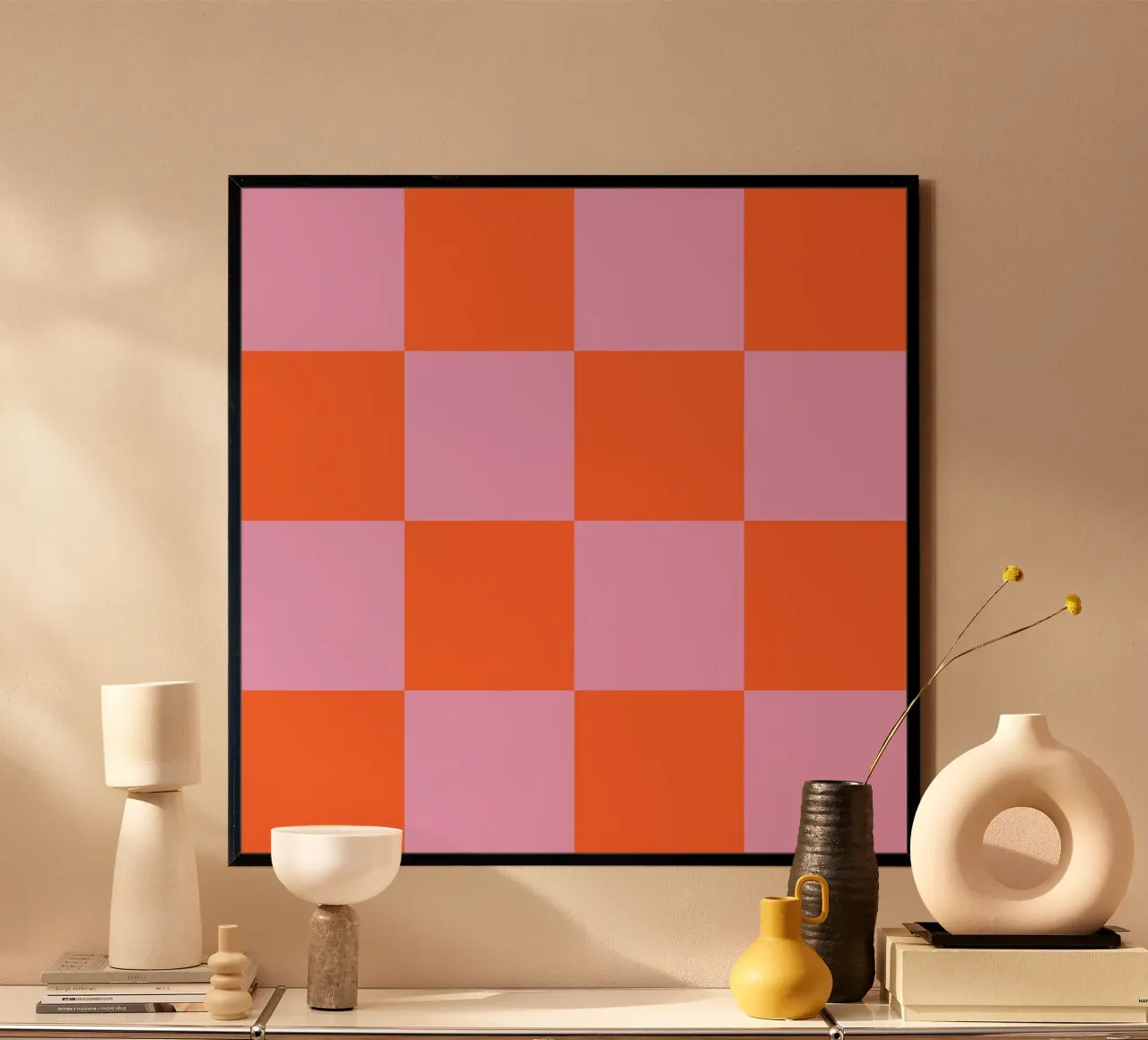 Delizia a scacchi pastello Arancione Rosa poster con telaio in alluminio da susanacosta