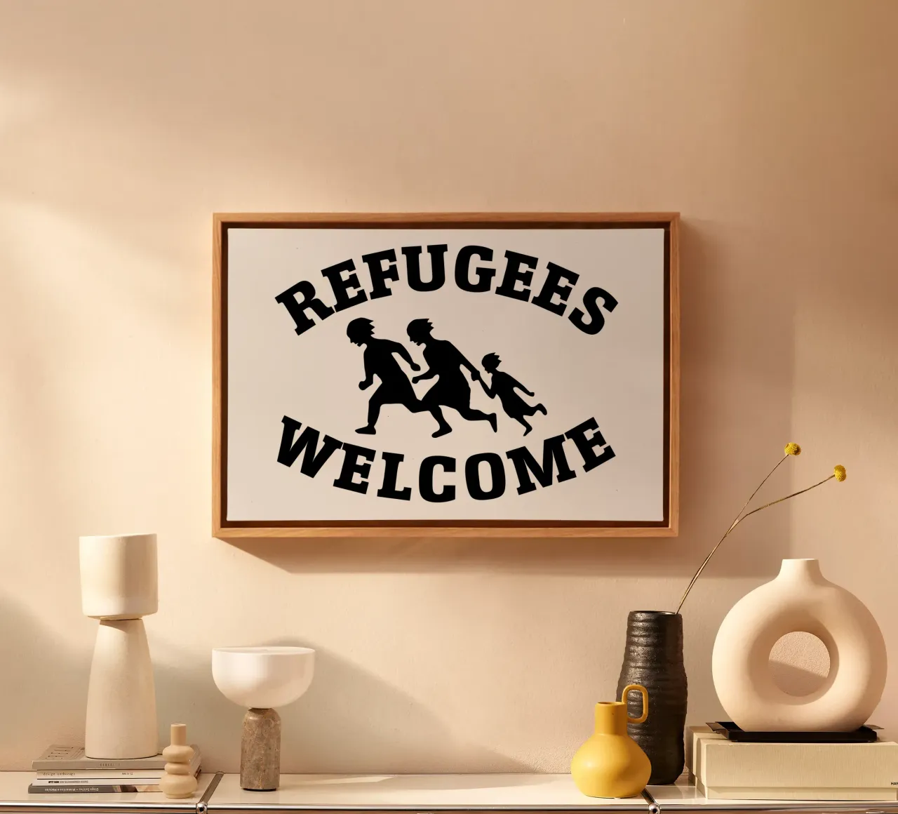 Refugees welcome tela con Cornice a cassetta da Collage Quotes