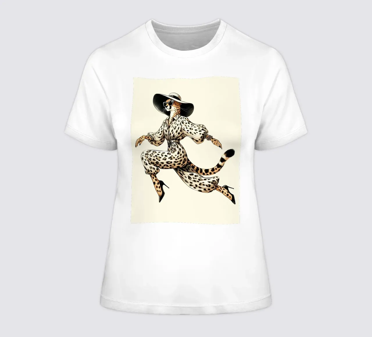 Cheetah In Fashion Hat And Sunglasses women's fitted t-shirt by ARTOMATIC