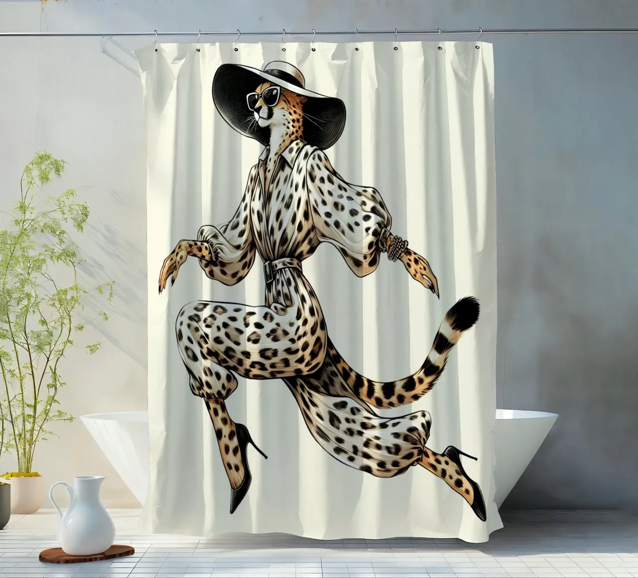 Ghepardo con cappello e occhiali da sole alla moda tenda da doccia da ARTOMATIC
