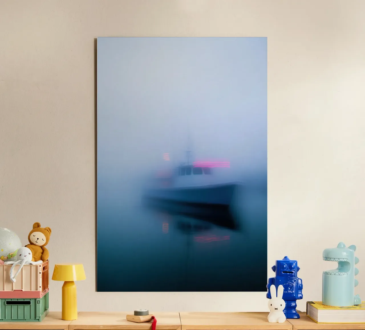 Nebbia mistica e una barca solitaria alluminio dibond da Le Flou