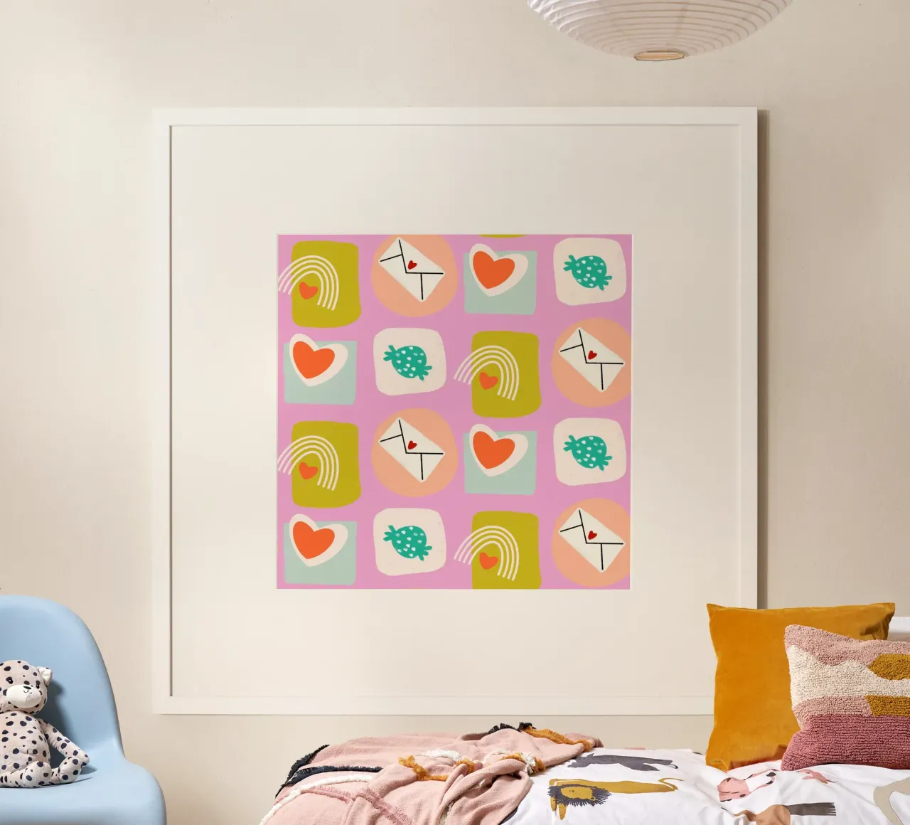 Retro Love Squares Pink poster con telaio in plastica da susanacosta