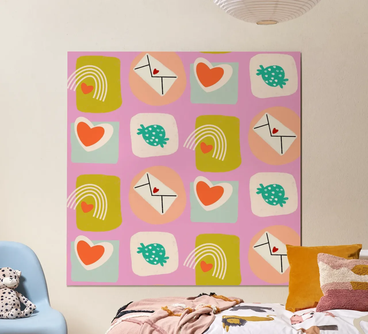 Retro Love Squares Pink poster con telaio in plastica da susanacosta