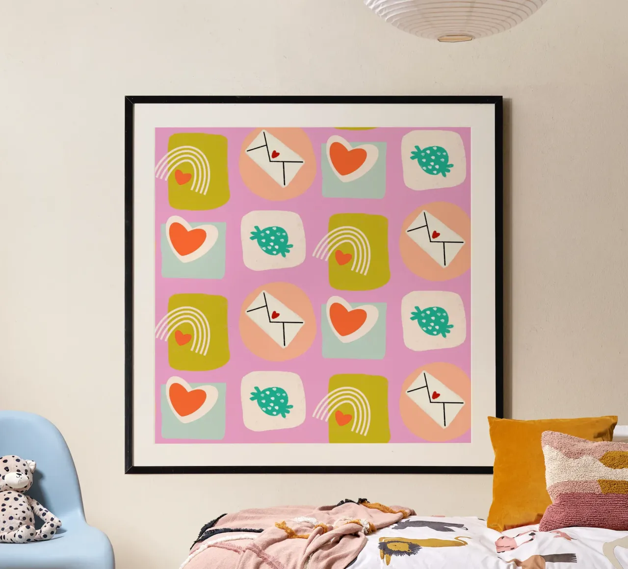 Retro Love Squares Pink poster con telaio in plastica da susanacosta