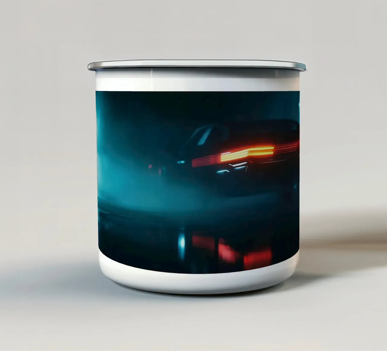 A retro car escapes by night enamel mug by Le Flou