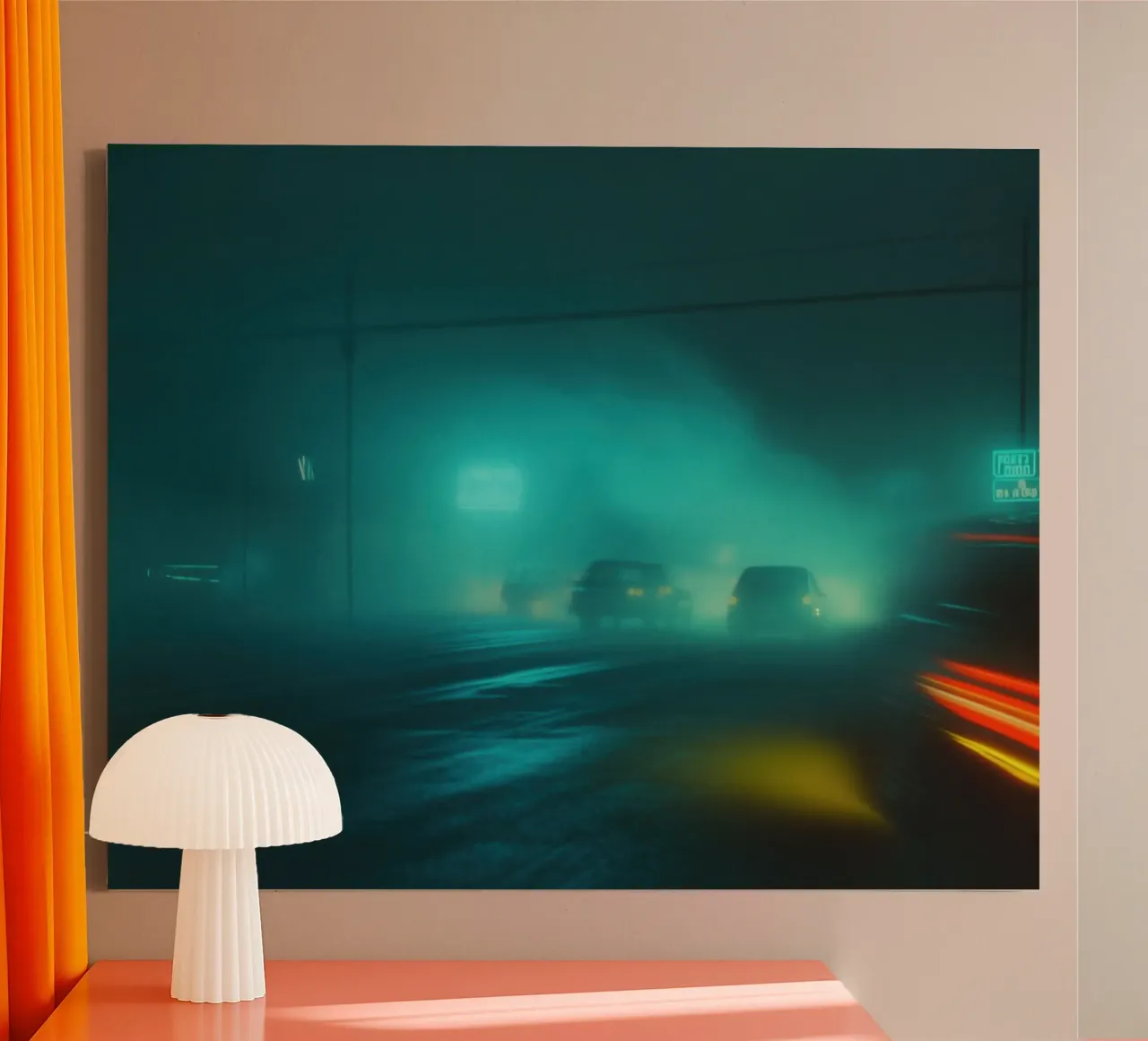 Elektrischer Nebel: Eine geheimnisvolle Nacht in der Stadt Leinwand mit Schattenfugenrahmen von Le Flou