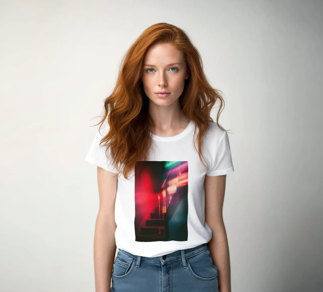 Éclats fantomatiques: A house in neon lights women's fitted t-shirt by Le Flou