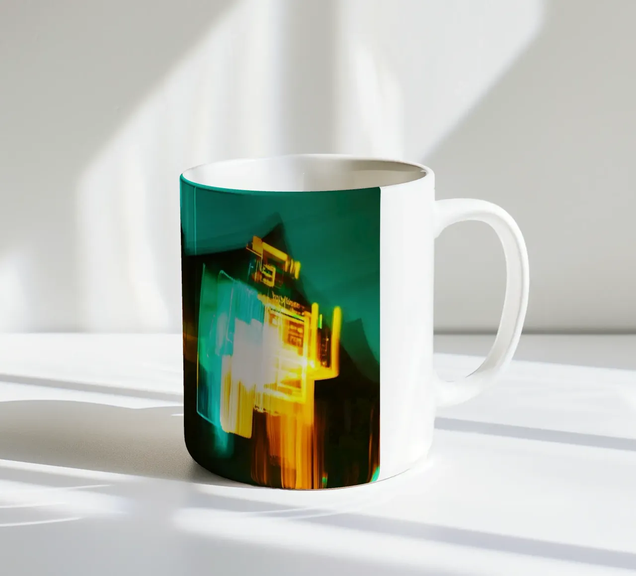 Notte al neon: riflessi di una casa in movimento tazza in ceramica da Le Flou