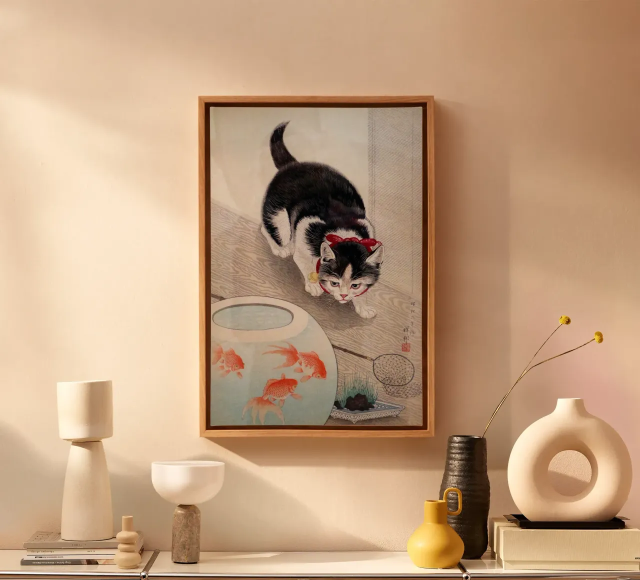 Cat and Bowl of Goldfish -Ohara Koson canvas with Floater frame by William Store