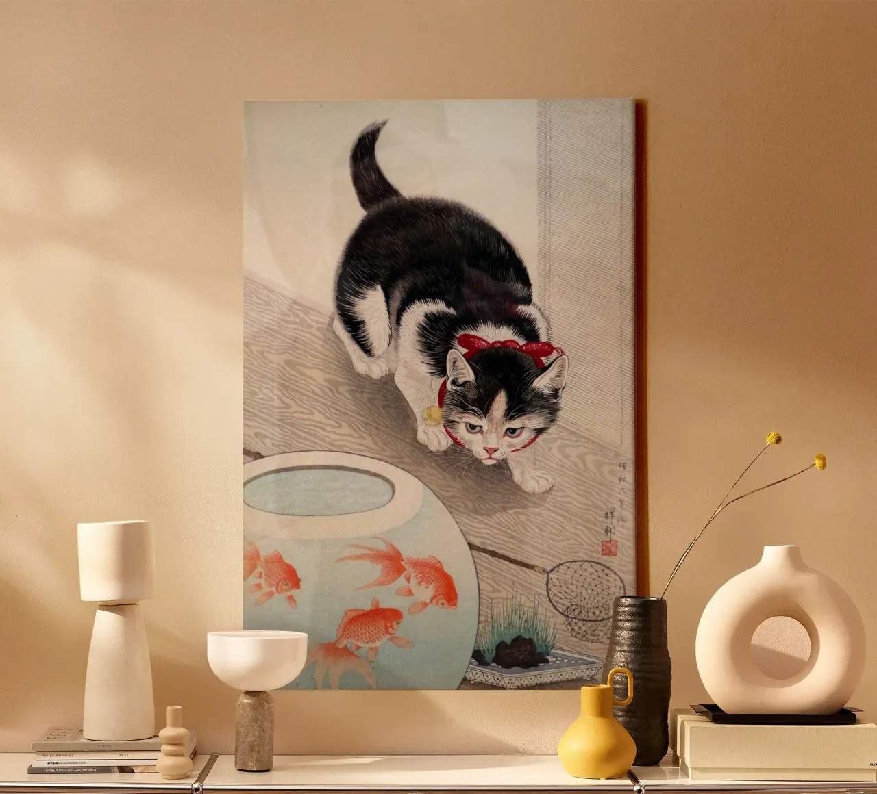 Cat and Bowl of Goldfish -Ohara Koson canvas with Floater frame by William Store