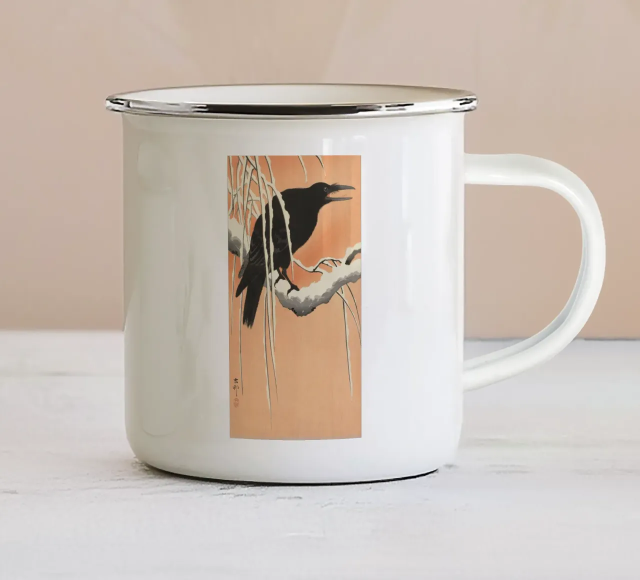 Ohara Koson - Corvo sul ramo di neve tazza in smalto da William Store