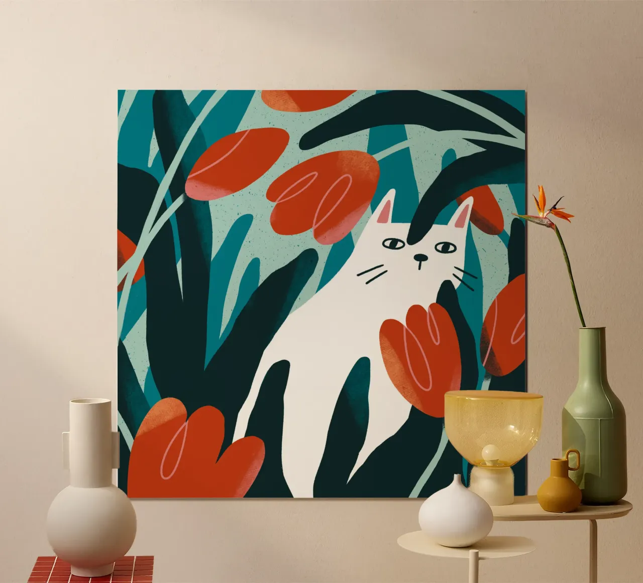 Cat and Tulips carta hahnemühle da sashakolesnik