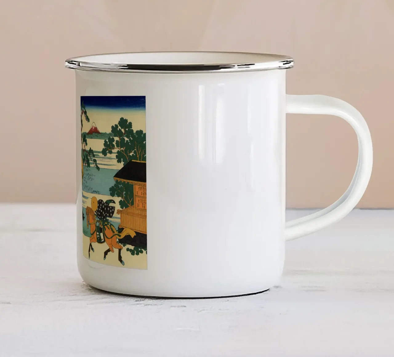 Hokusai - Il villaggio di Sekiya sul fiume Sumida tazza in smalto da William Store