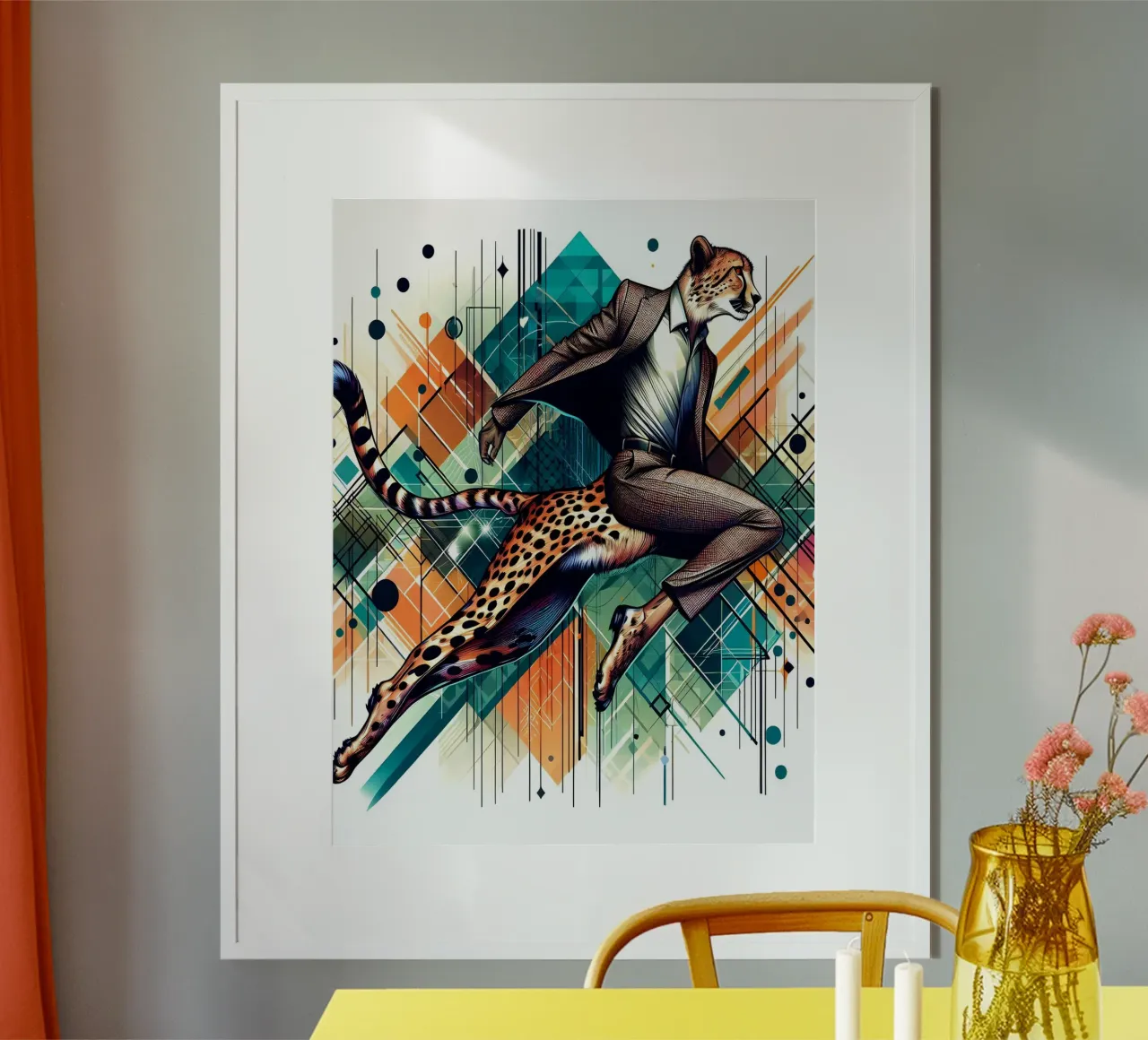 Ghepardo geometrico retrò Bauhaus poster con telaio in legno da ARTOMATIC