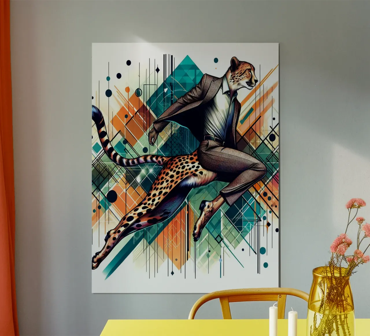 Ghepardo geometrico retrò Bauhaus poster con telaio in legno da ARTOMATIC