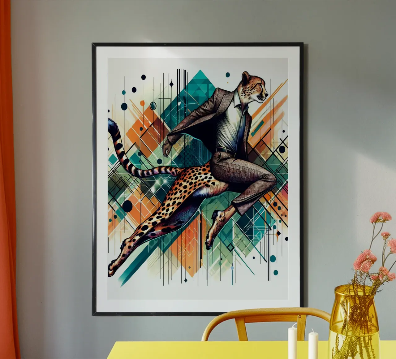 Ghepardo geometrico retrò Bauhaus poster con telaio in legno da ARTOMATIC