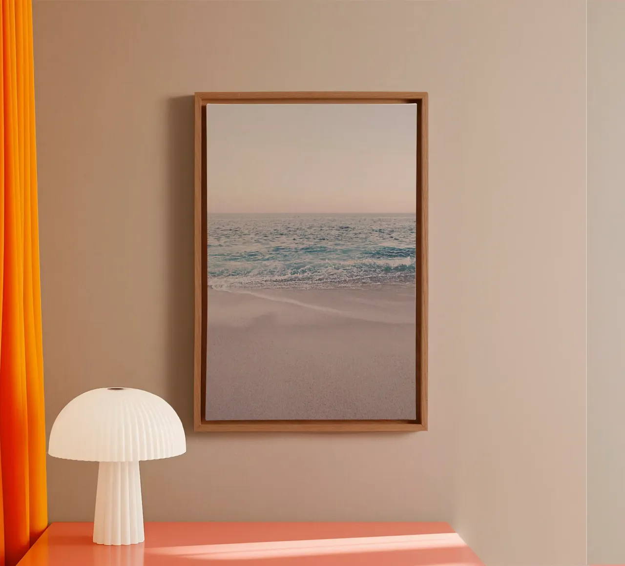 Rosegold strand ochtend canvas met Baklijst van Monika Strigel