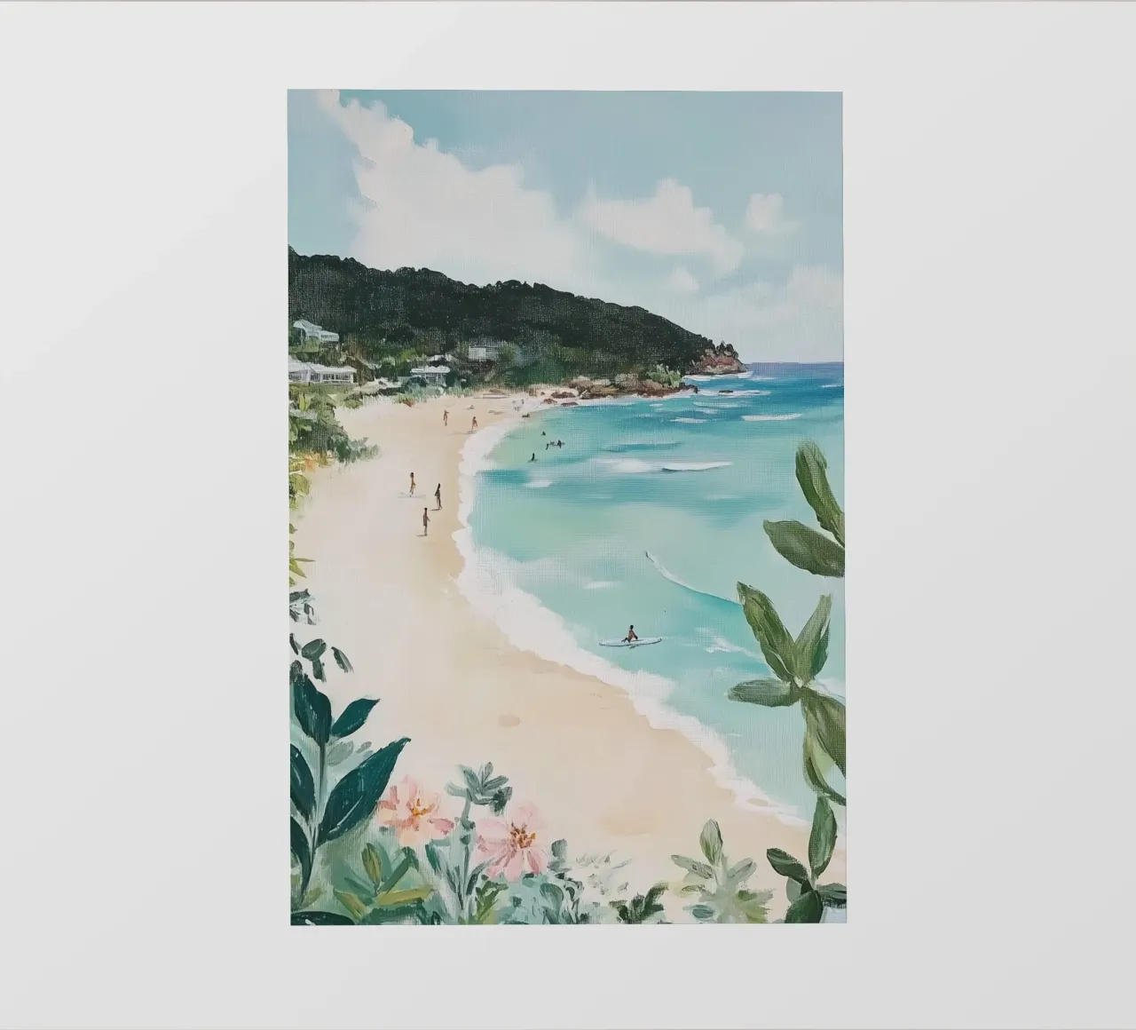 Scena di spiaggia con verde lussureggiante pellicola backlit da Melloi Art Print