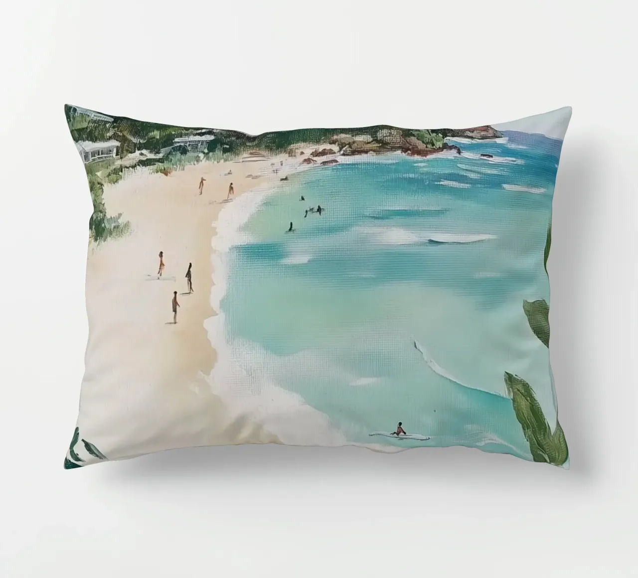 Scena di spiaggia con verde lussureggiante cuscino da Melloi Art Print
