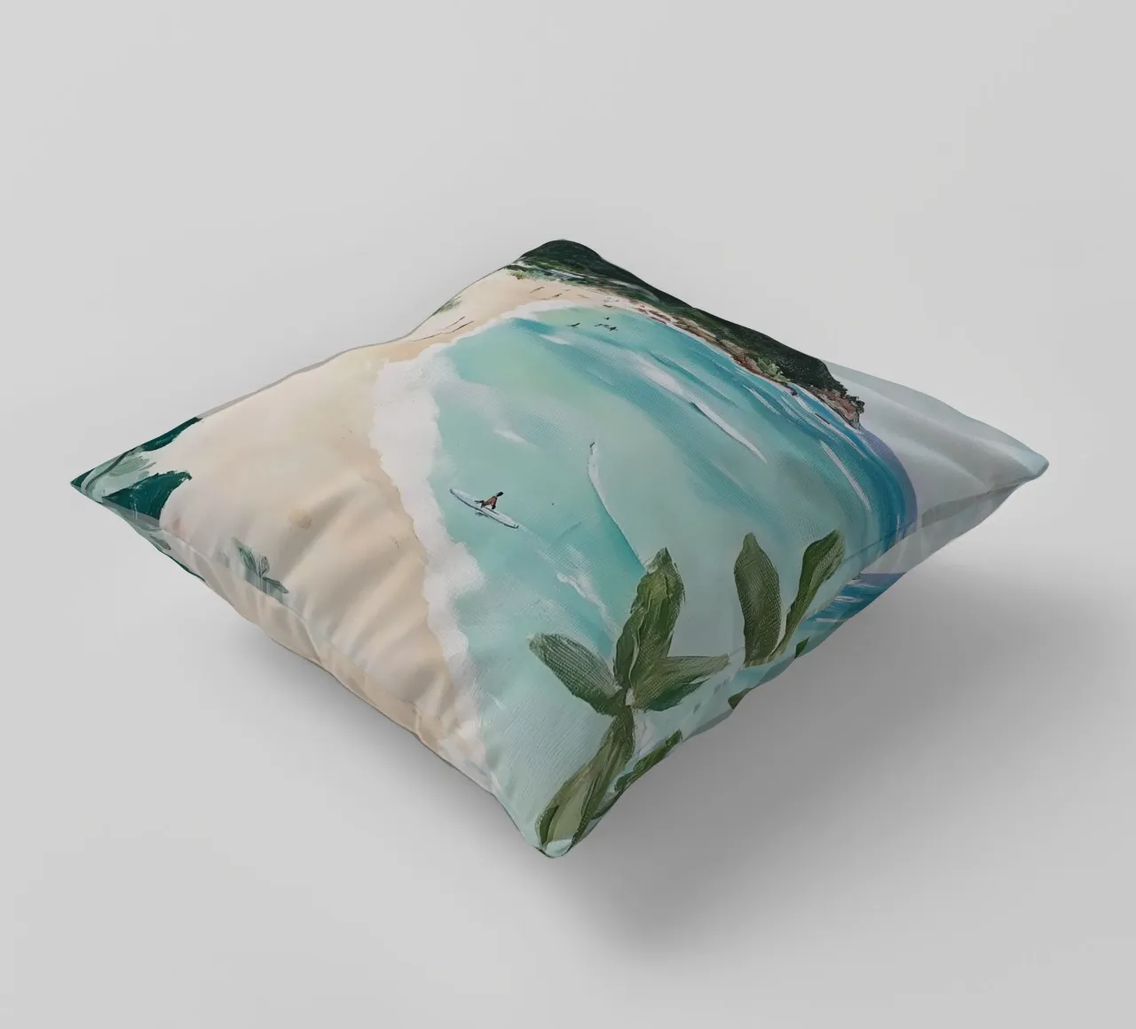 Scena di spiaggia con verde lussureggiante cuscino da Melloi Art Print