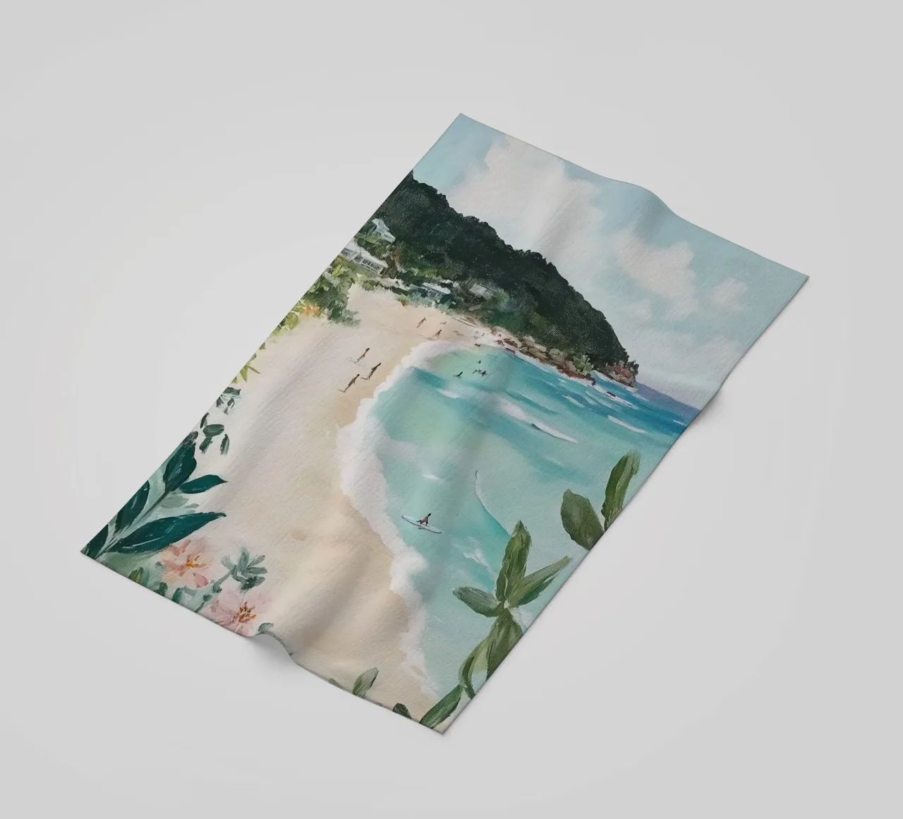 Scena di spiaggia con verde lussureggiante telo mare da Melloi Art Print