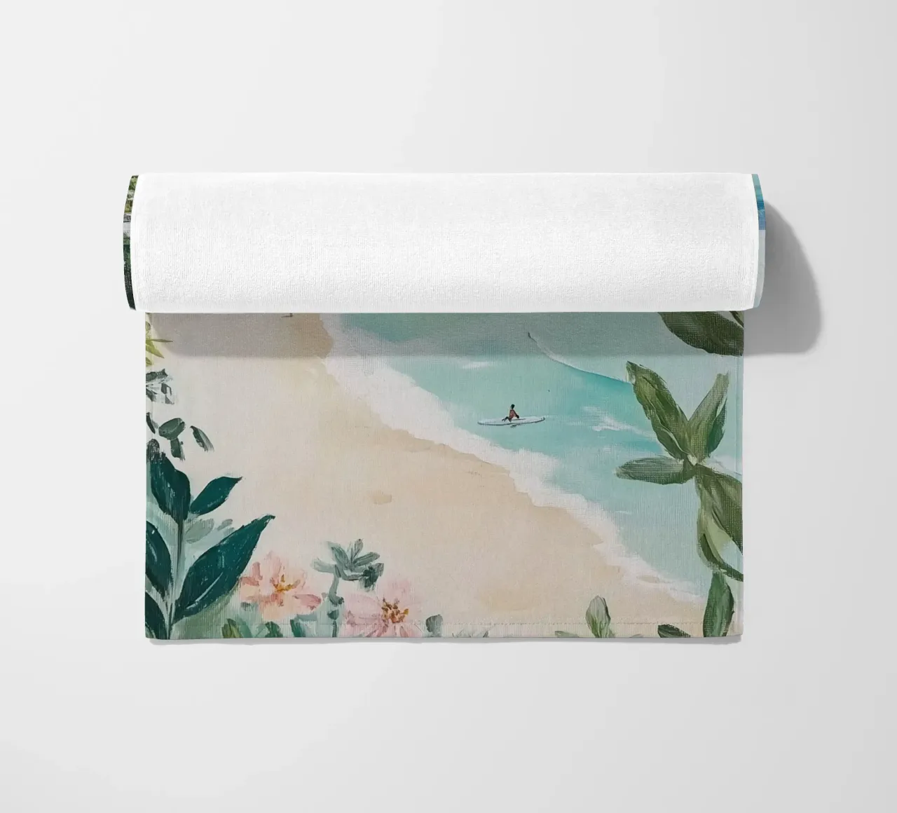 Scena di spiaggia con verde lussureggiante telo mare da Melloi Art Print