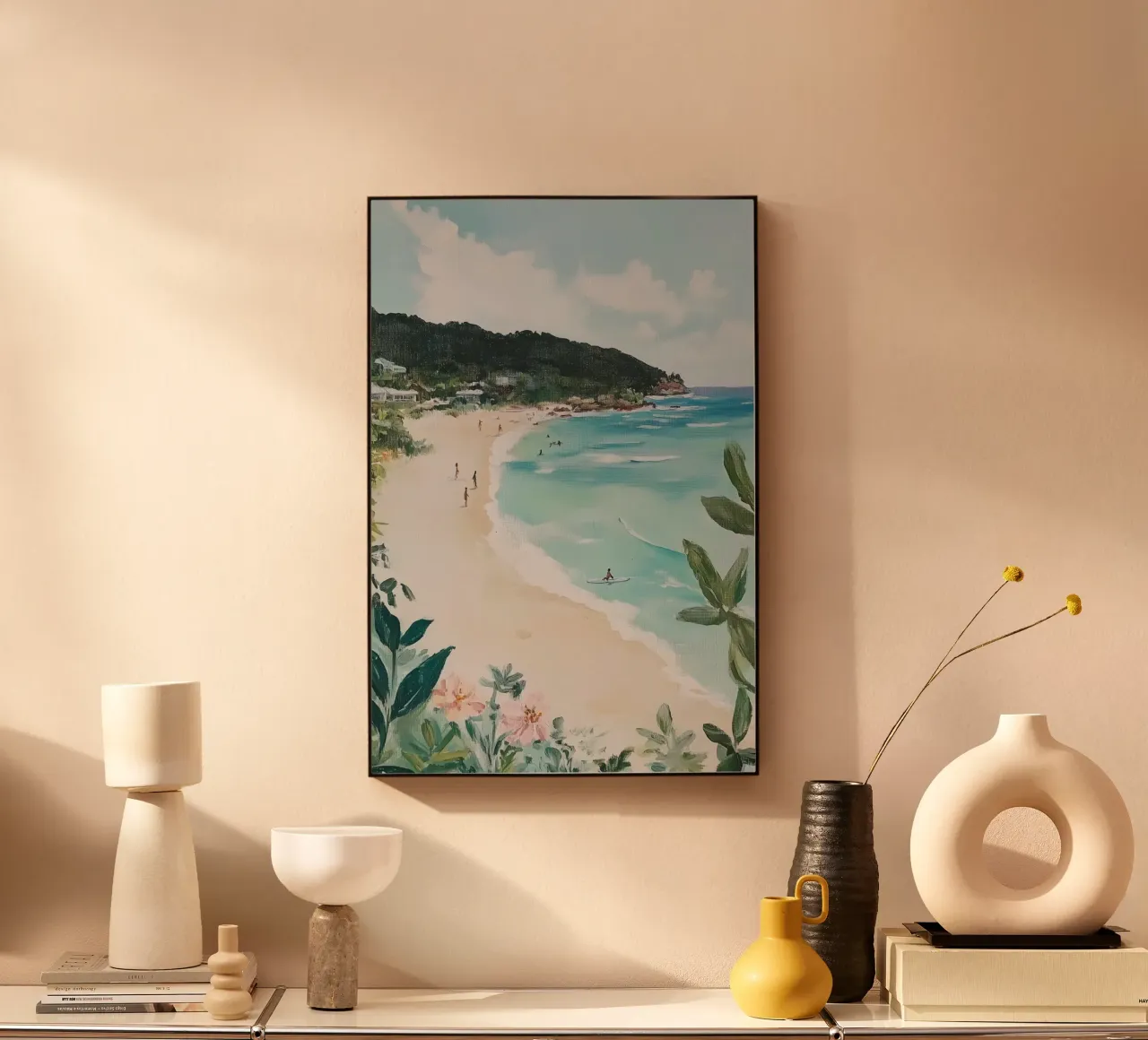 Scena di spiaggia con verde lussureggiante plexiglass da Melloi Art Print