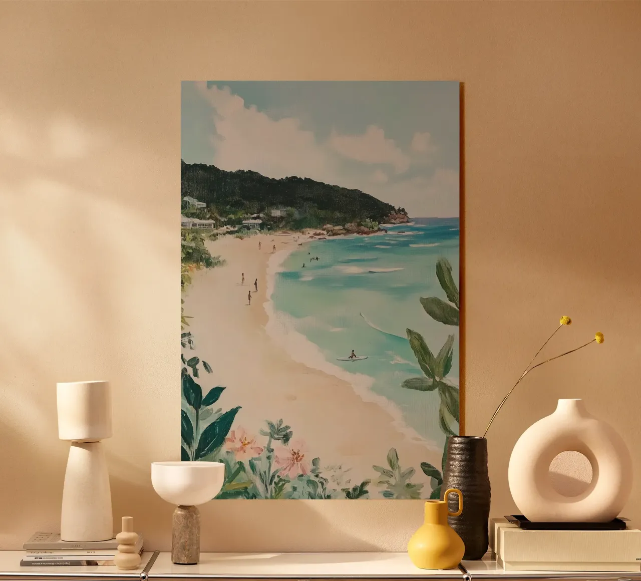 Scena di spiaggia con verde lussureggiante plexiglass da Melloi Art Print