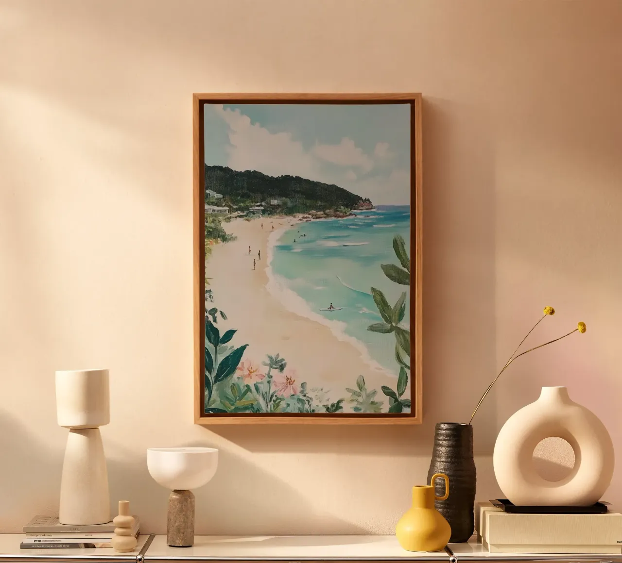 Scena di spiaggia con verde lussureggiante tela con Cornice a cassetta da Melloi Art Print