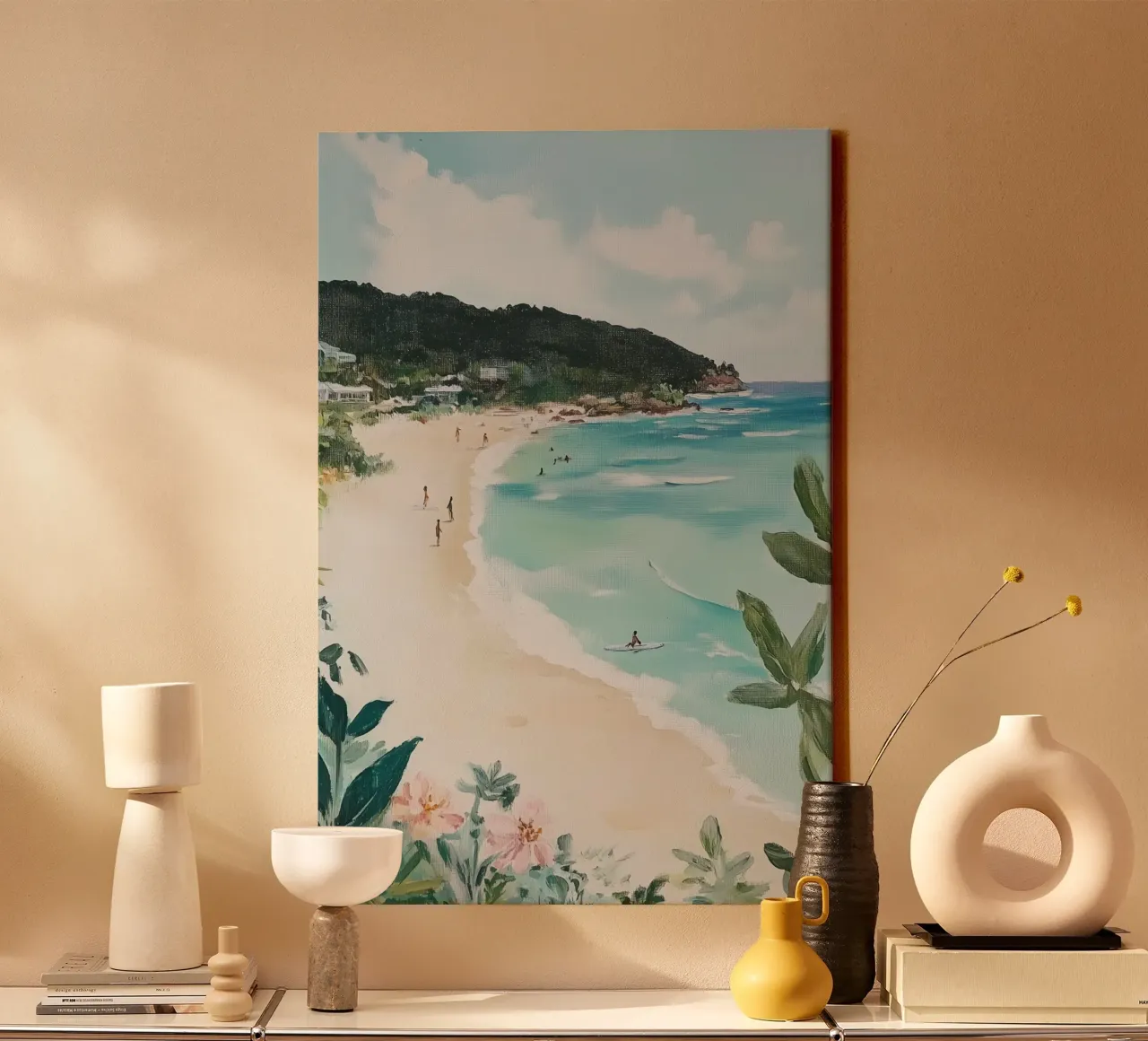 Scena di spiaggia con verde lussureggiante tela con Cornice a cassetta da Melloi Art Print