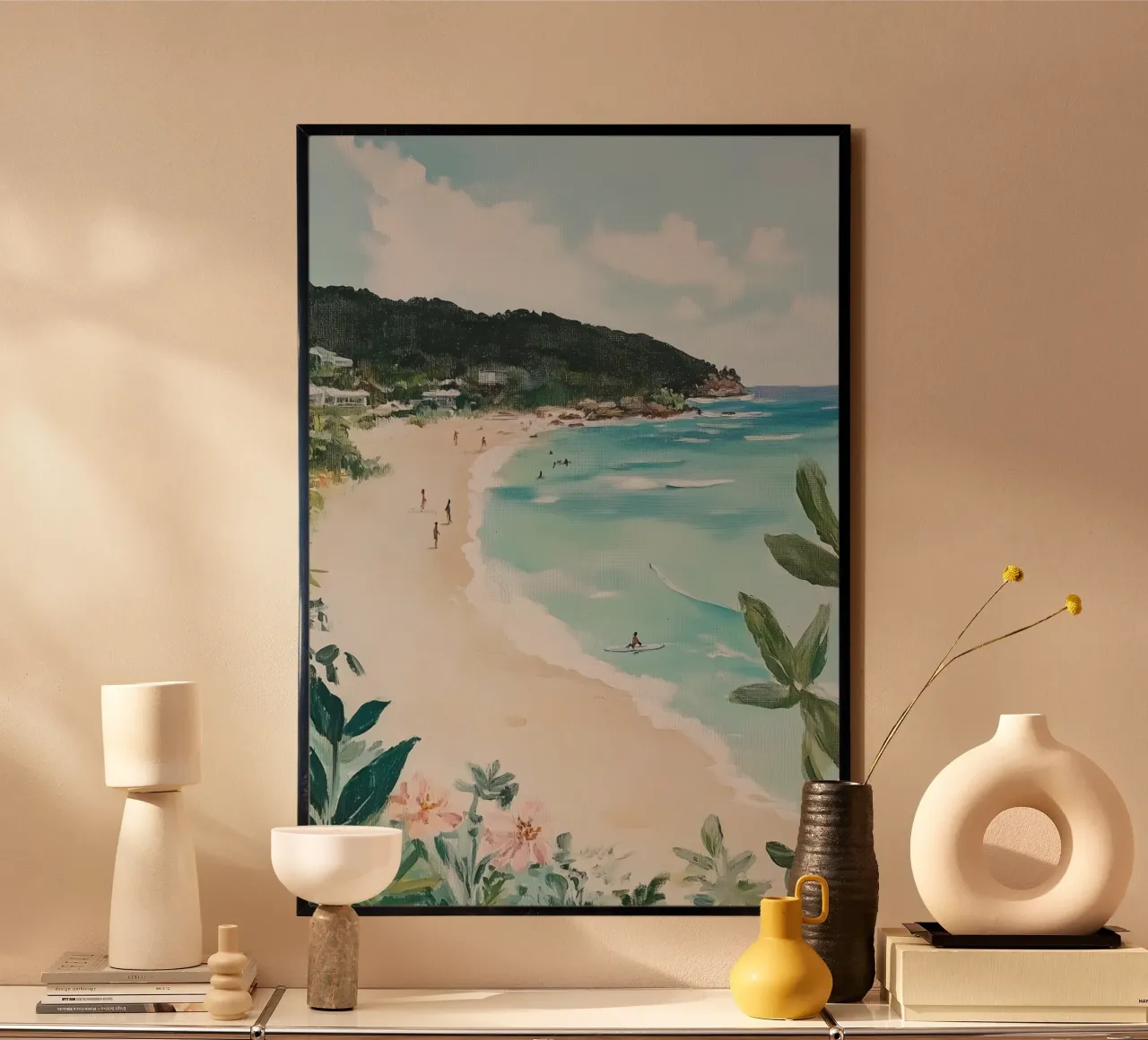 Scena di spiaggia con verde lussureggiante carta hahnemühle da Melloi Art Print