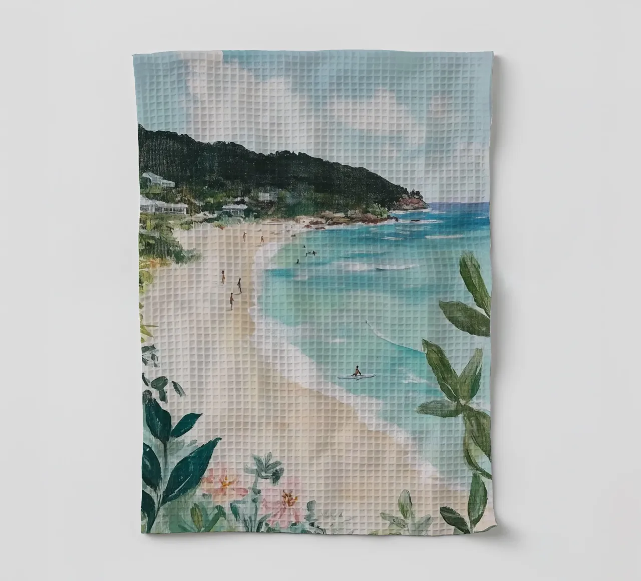 Scena di spiaggia con verde lussureggiante canovaccio da cucina da Melloi Art Print