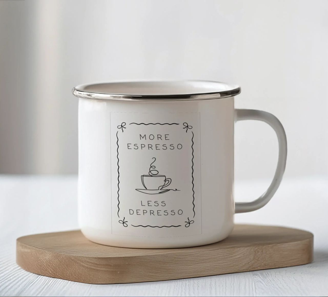 More Espresso Less Depresso tazza in smalto da Wordswordswords