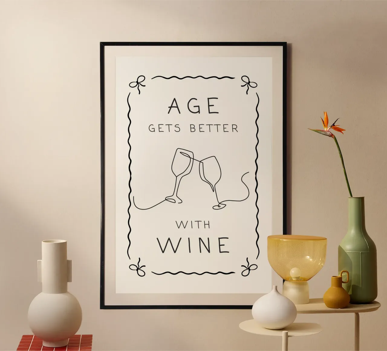 L'età migliora con il vino poster con telaio in alluminio da Wordswordswords