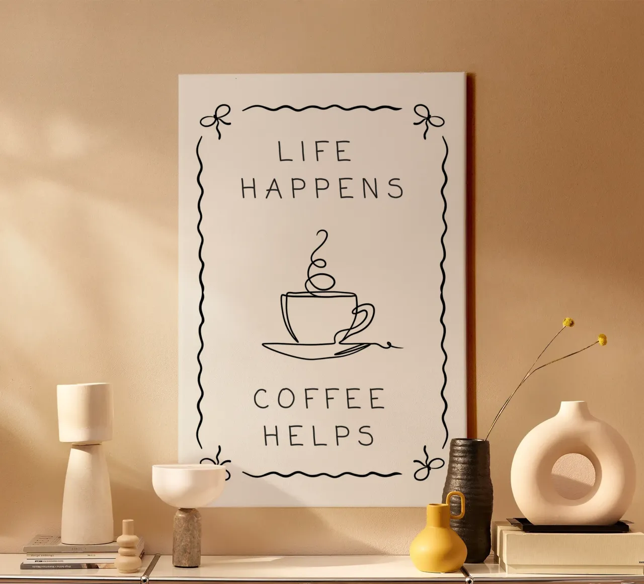 La vita accade, il caffè aiuta tela con Cornice a cassetta da Wordswordswords