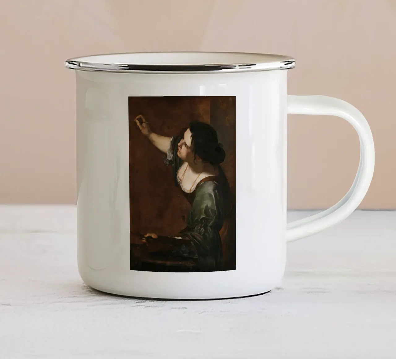 Artemisia Gentileschi, Self-portrait as the Allegory enamel mug by Timeless Artworks