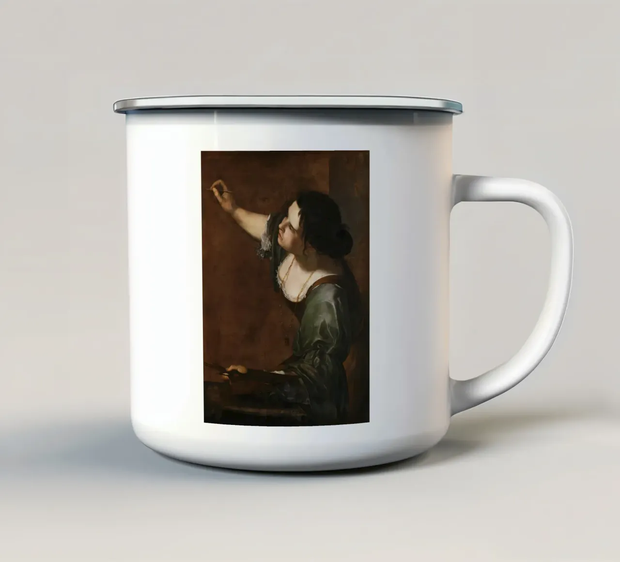 Artemisia Gentileschi, Self-portrait as the Allegory enamel mug by Timeless Artworks