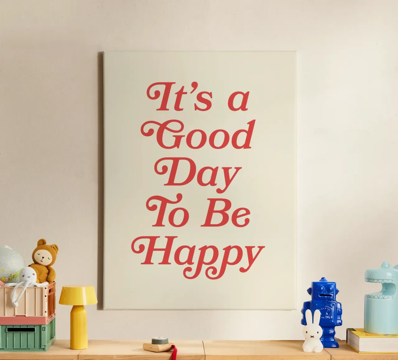 It's a good day to be happy Zitat (Rot- und Beigeton) Leinwand mit Schattenfugenrahmen von Paigaam Studio
