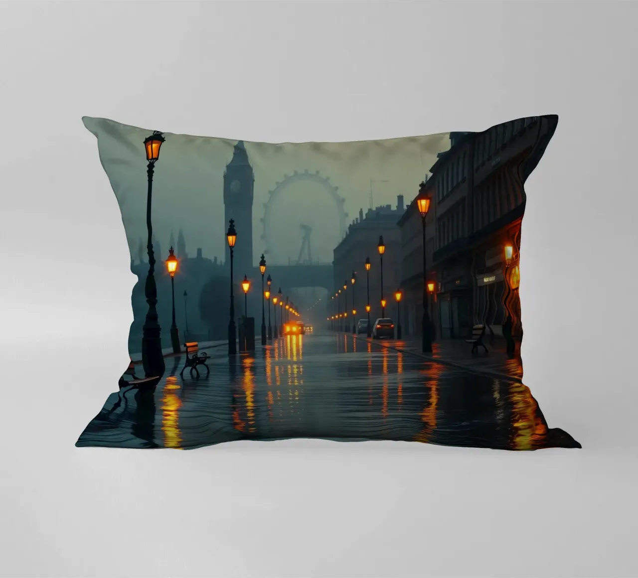 Serata di pioggia lungo la passeggiata sul fiume a Londra cuscino da DesignDoodle