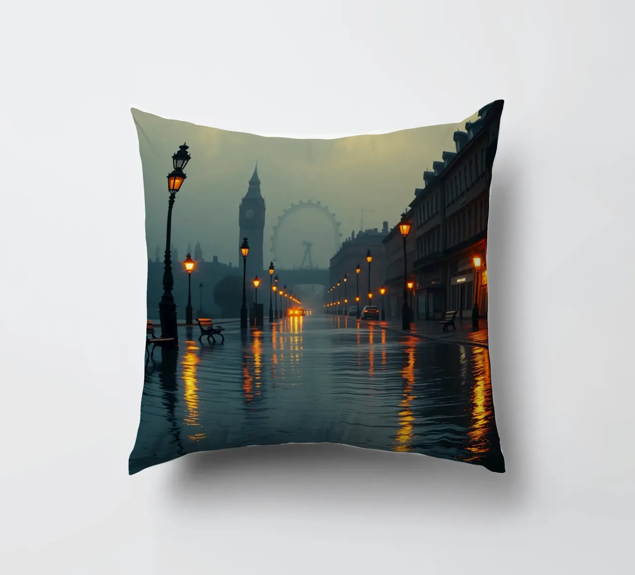 Serata di pioggia lungo la passeggiata sul fiume a Londra cuscino da DesignDoodle