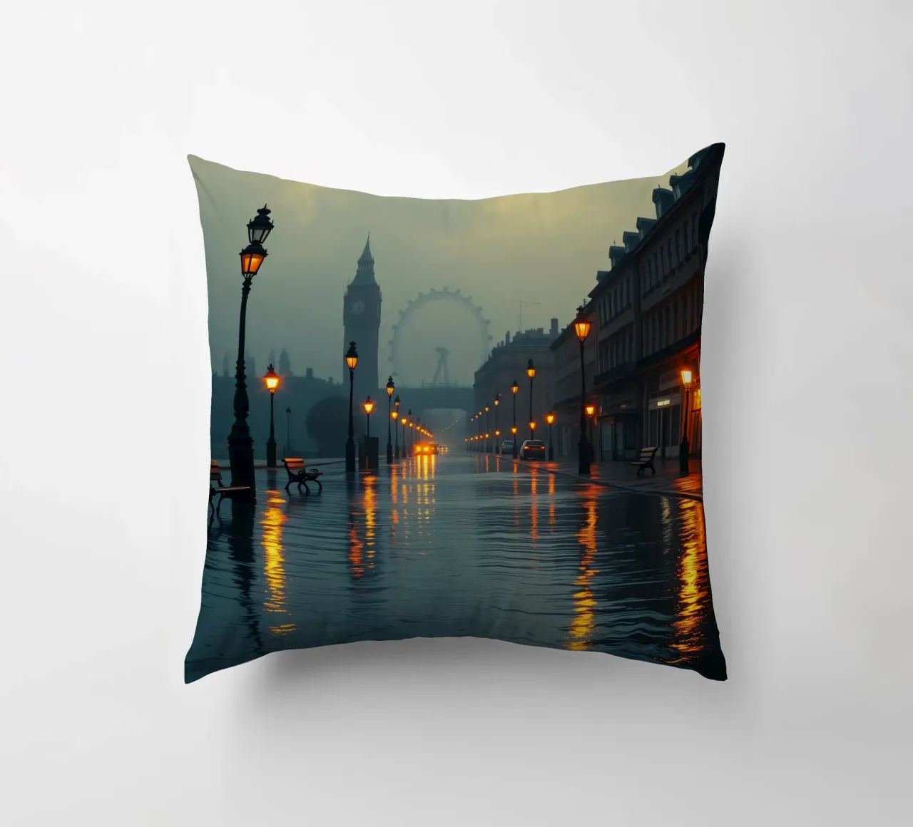 Serata di pioggia lungo la passeggiata sul fiume a Londra cuscino da DesignDoodle