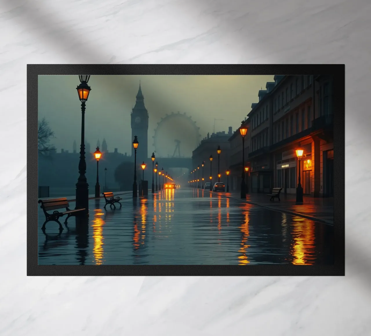 Serata di pioggia lungo la passeggiata sul fiume a Londra zerbino da DesignDoodle