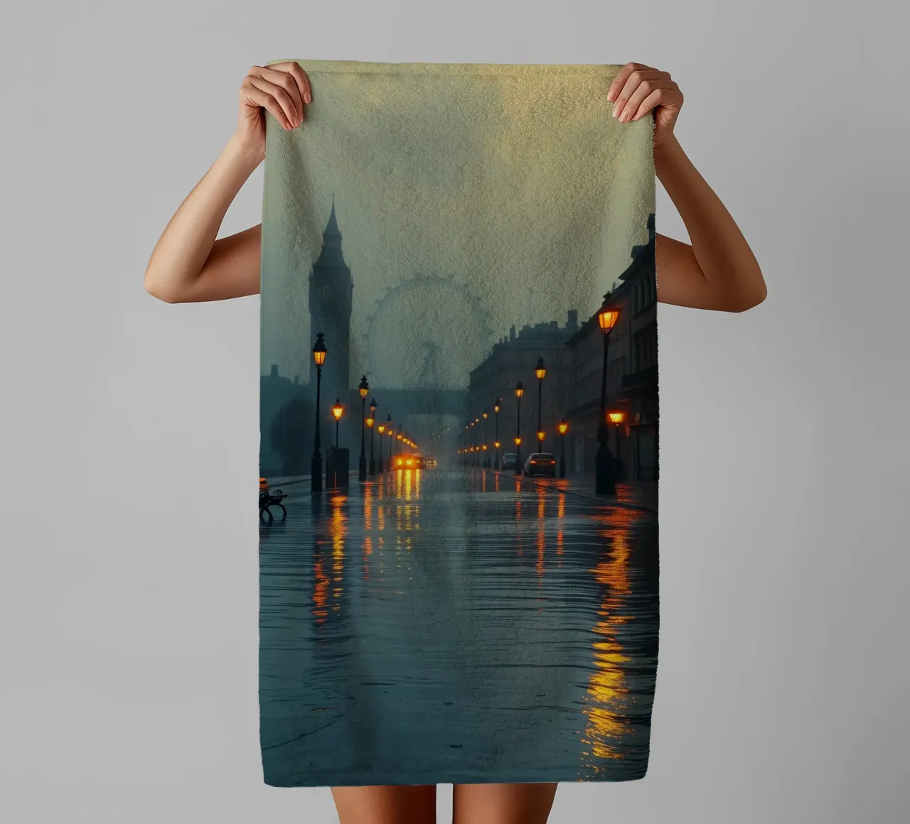 Serata di pioggia lungo la passeggiata sul fiume a Londra asciugamano da bagno da DesignDoodle