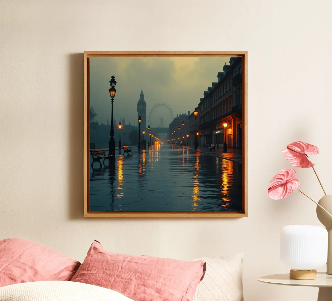 Serata di pioggia lungo la passeggiata sul fiume a Londra tela con Cornice a cassetta da DesignDoodle