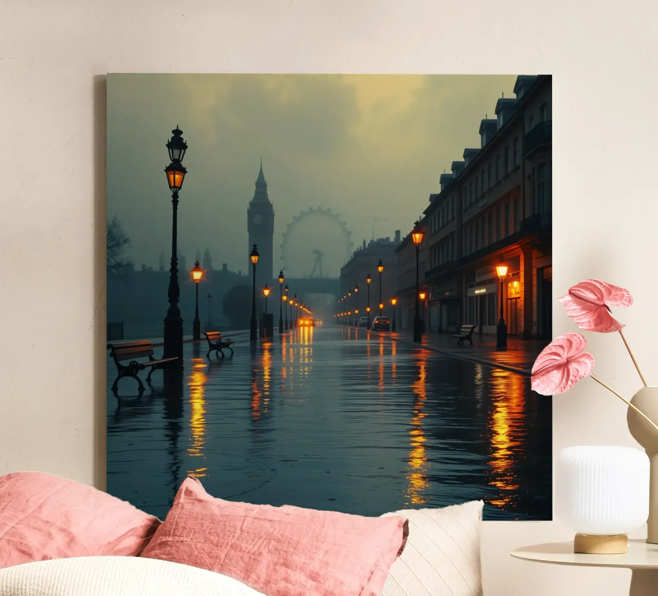 Serata di pioggia lungo la passeggiata sul fiume a Londra tela con Cornice a cassetta da DesignDoodle