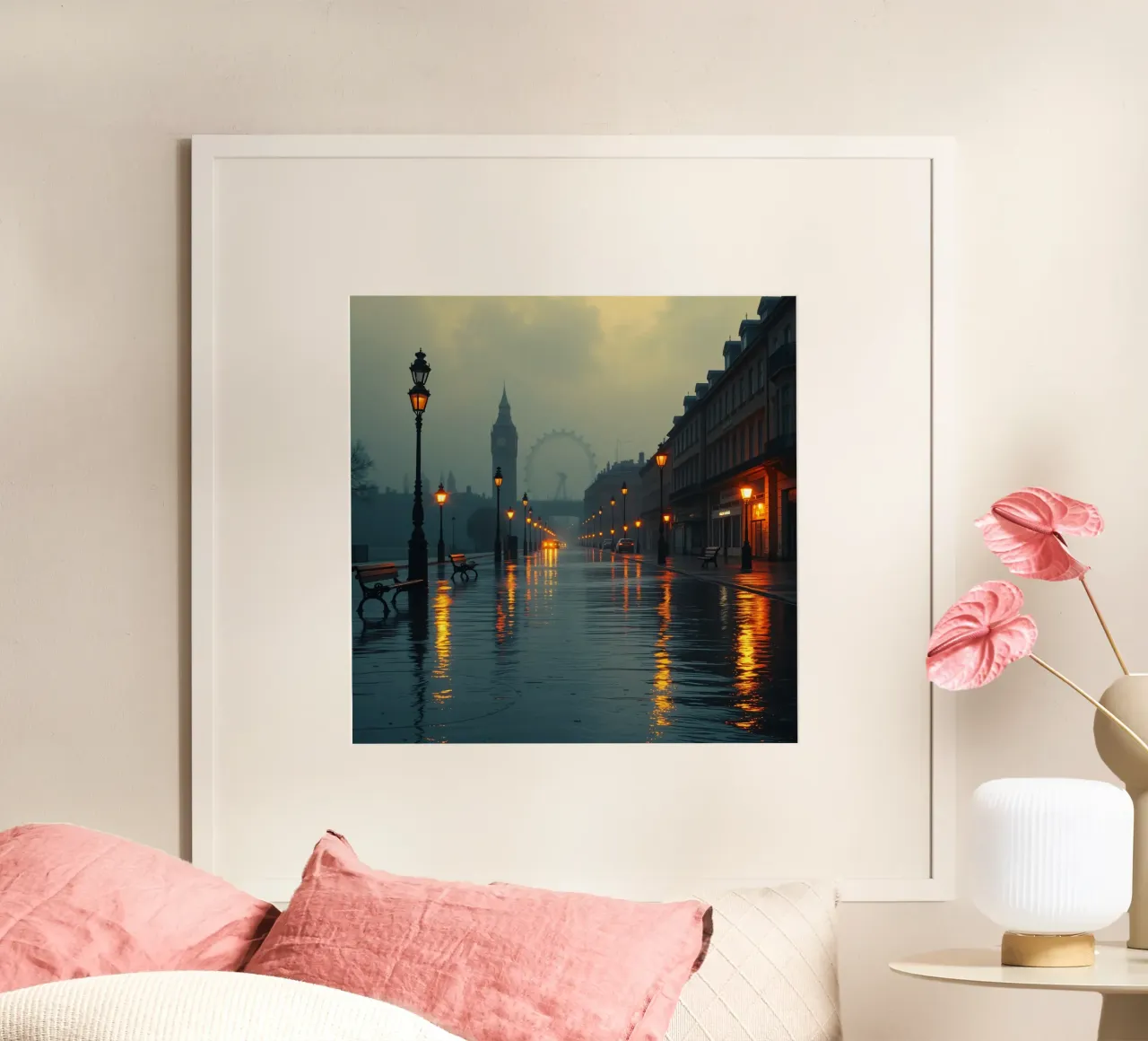 Serata di pioggia lungo la passeggiata sul fiume a Londra carta hahnemühle da DesignDoodle