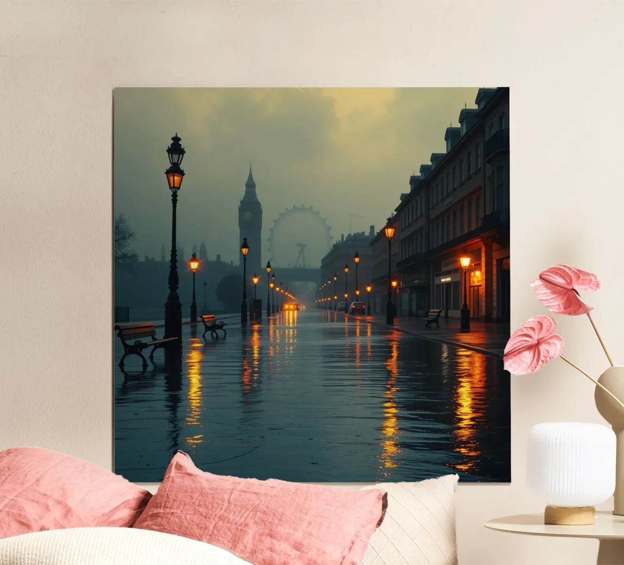 Serata di pioggia lungo la passeggiata sul fiume a Londra carta hahnemühle da DesignDoodle