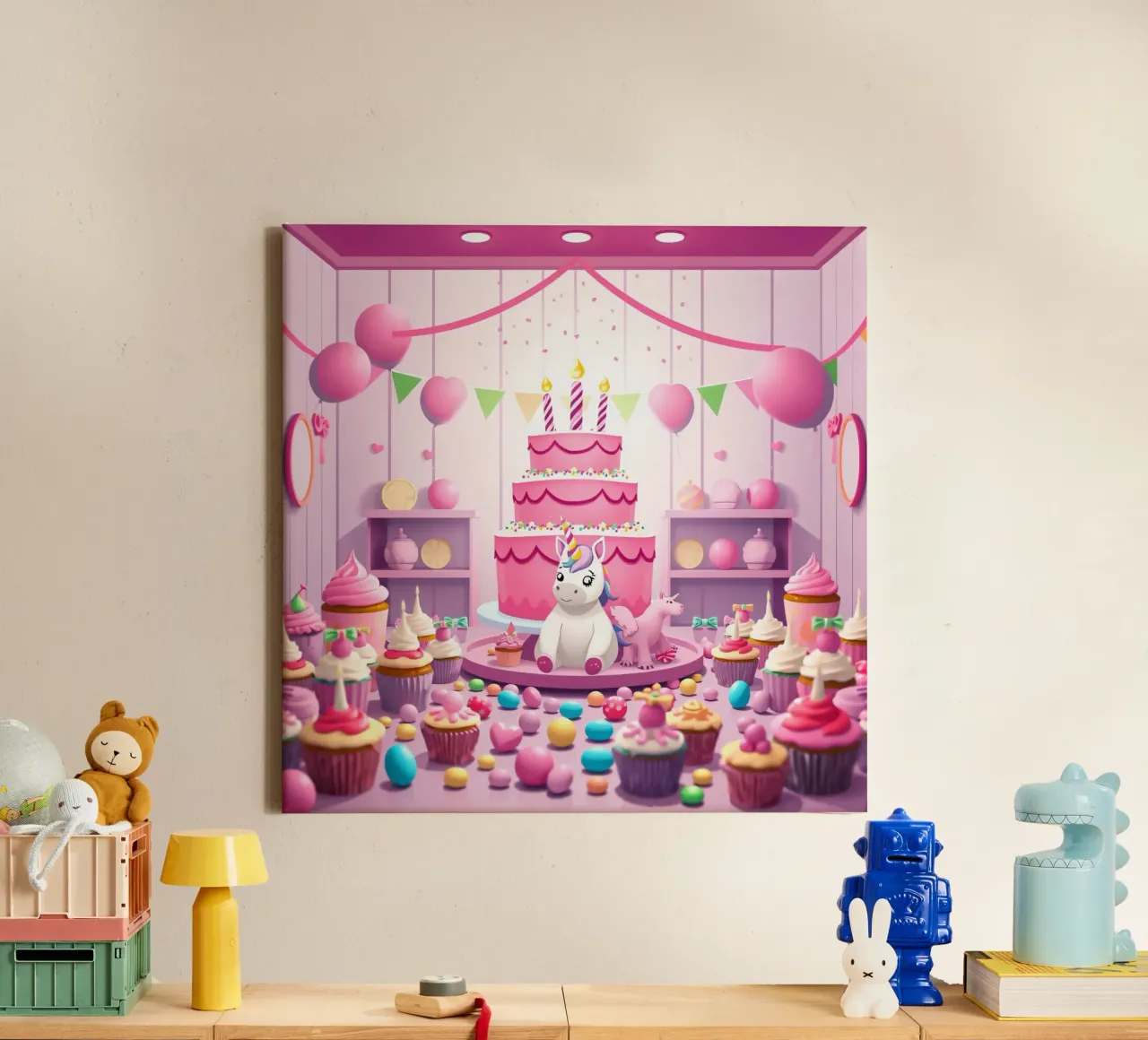 Fiesta de cumpleaños temática de unicornios con decoración rosa lienzo con Marco flotante de DesignDoodle
